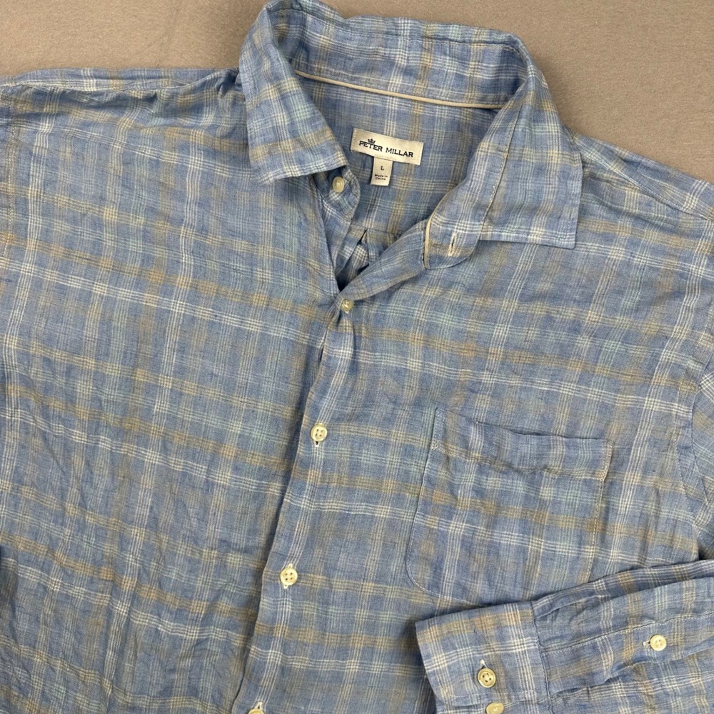 Peter Millar Men Blue Plaid Seaside Duxbury Beach Linen Sport Shirt L MS21W75CFL